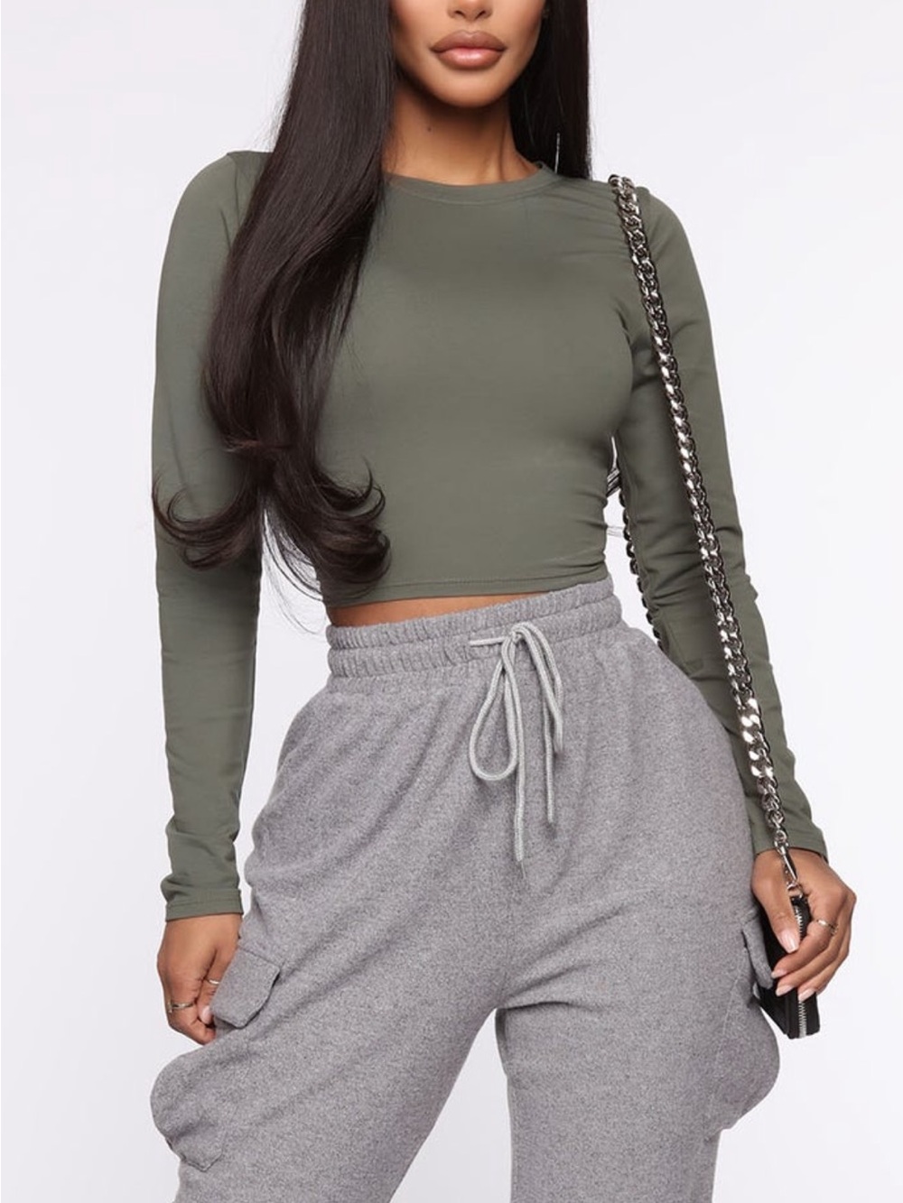 Fashion Nova Olive Green Long Sleeve Crop Tee